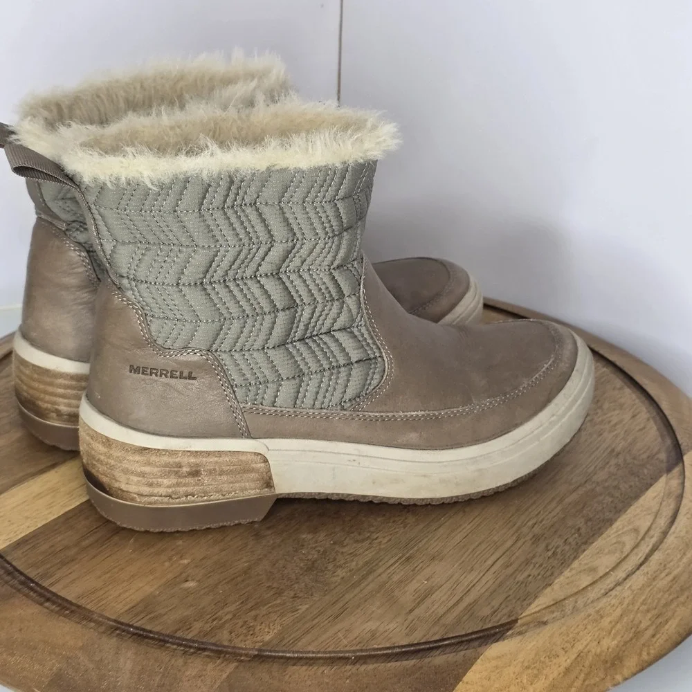 $155‎ Haven Bluff Waterproof Boots Sz 8 Leather Brindle Faux Fur Winter Beige